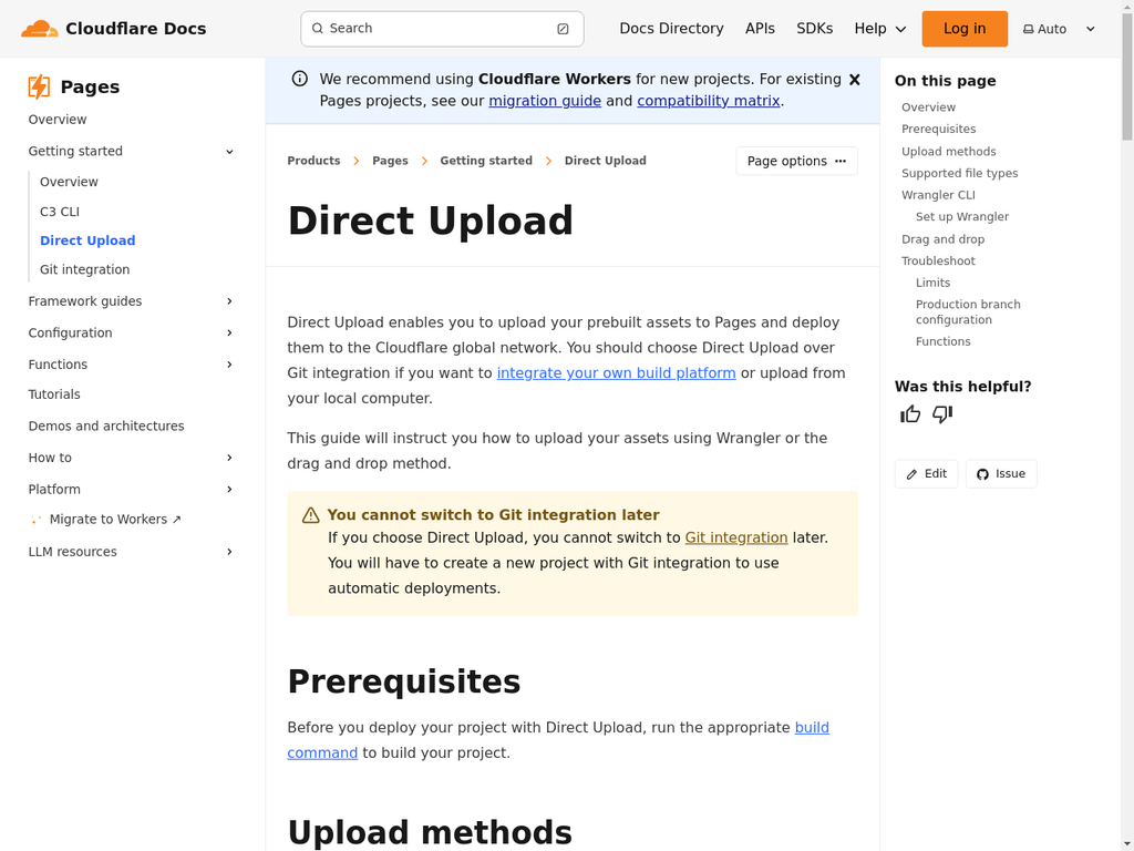 Cloudflare Pages Direct Upload documentation showing upload methods and file limits
