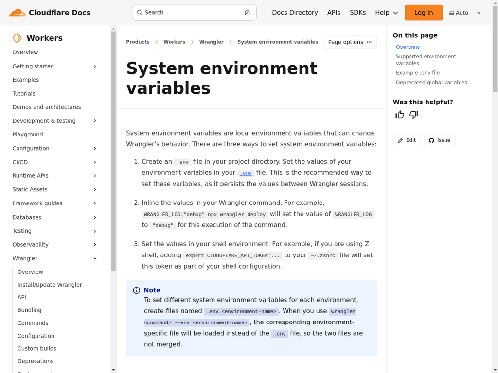 Wrangler system environment variables documentation showing CLOUDFLARE_API_TOKEN and authentication options